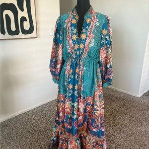 Trish  Scully Bohemian Floral Maxi Dress in Teal and Red